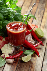 Homemade tomato sauce and ingredients.