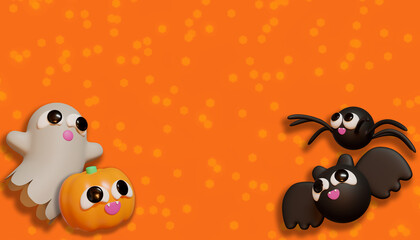 Halloween banner whit pumpkin. 3D Illustration. Above view over an orange banner background with copy space.