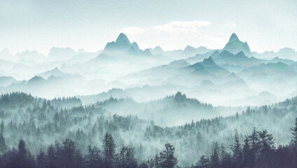 Beautiful mountain landscape. Panorama of silhouettes of forested mountains in the fog. Color watercolor-drawn illustration for backgrounds, wallpapers, murals, murals, posters. - obrazy, fototapety, plakaty