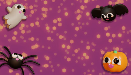 Halloween banner whit spider and bat. 3D Illustration. Above view over an pink banner background with copy space.
