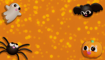Obraz premium Halloween banner whit pumpkin. 3D Illustration. Above view over an orange banner background with copy space.