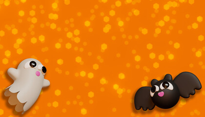 Halloween banner whit pumpkin. 3D Illustration. Above view over an orange banner background with copy space.