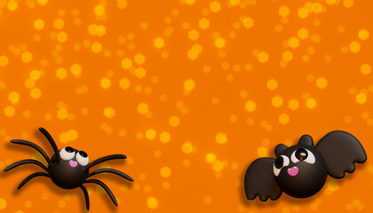 Halloween banner whit spider and bat. 3D Illustration. Above view over an orange banner background with copy space.