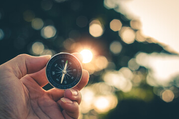 Travel of tourists with compass. compass of tourists on mountain. - obrazy, fototapety, plakaty