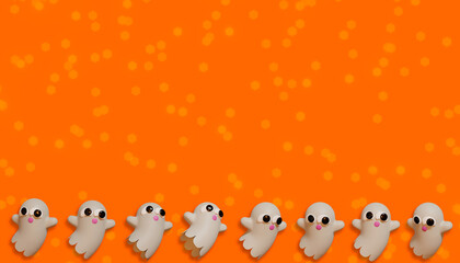 Halloween banner whit ghost. 3D Illustration. Above view over an orange banner background with copy space.