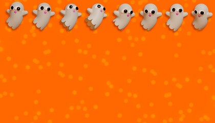 Halloween banner whit ghost. 3D Illustration. Above view over an orange banner background with copy space.