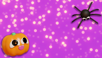 Fototapeta premium Halloween banner whit pumpkin and spider. 3D Illustration. Above view over an pink banner background with copy space.