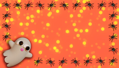 Halloween banner whit ghost and spider. 3D Illustration. Above view over an orange banner background with copy space.
