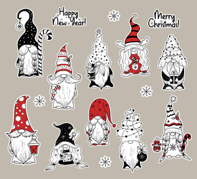 Christmas gnomes Stickers. Collection Scandinavian gnomes with Christmas tree and sweets and New Years gnome girl with gift. Vector family gnomes. Isolated Digital Printable Stickers Hand Drawn.
