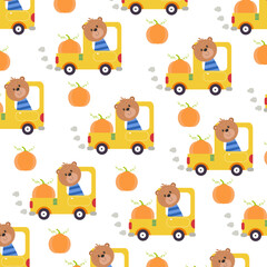 Seamless pattern with cute bear animals and vehicle. Perfect for kids clothes design
