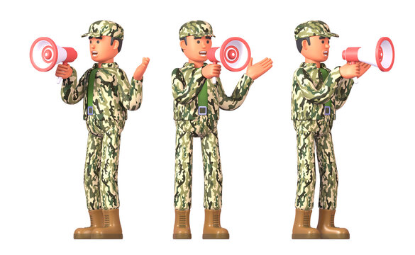 3d render of soldier in military uniform holding megaphone making announcement
