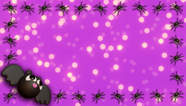 Halloween banner whit bat and spider. 3D Illustration. Above view over an pink banner background with copy space.