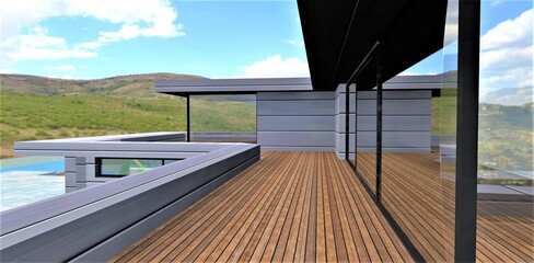 Eco-friendly covering of a large balcony with a terrace board. A private country house with an advanced facade finish with aluminum panels. 3d rendering.
