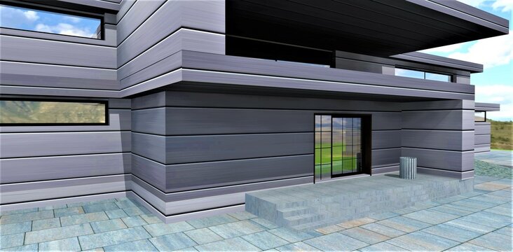 High-tech house of the future. Sealed, ventilated with purification of incoming air. Energy-saving, aesthetically strong and durable facade with a special alloy metal coating. 3d rendering.