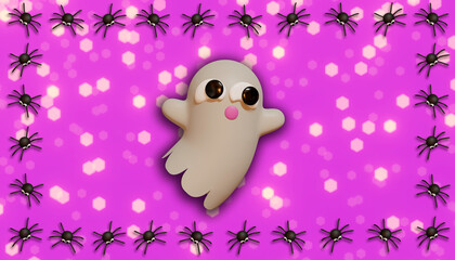 Halloween banner whit ghost and spider. 3D Illustration. pink background.