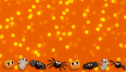 Fotobehang Halloween banner whit pumpkin, spider, and bat. 3D Illustration. Above view over an orange banner background with copy space. © Alex Bernal
