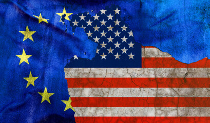 American and European Union flags on old concrete wall