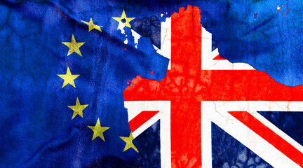 EU and UK flags on old concrete wall