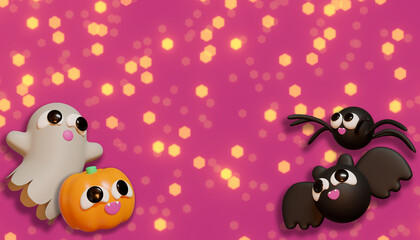 Obraz premium Halloween banner whit pumpkin, spider, and bat. 3D Illustration. Above view over an pink banner background with copy space.