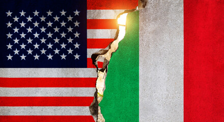 American and Italian flags on broken cracked wall