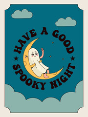 Halloween greeting card with cute cartoon ghost hugging with the moon. Vector poster in retro style. Outline stroke.