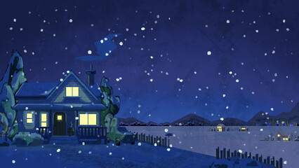 夜に雪の降る風景手書き水彩風イラスト