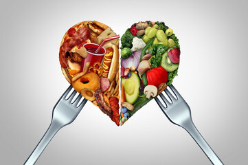 Unhealthy And Healthy Food Choice and diet decision concept or nutrition choices dilemma between...