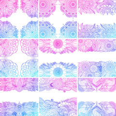 Set of vector templates, frames with oriental floral patterns and mandalas, blue and pink outline on a white background - 535145560