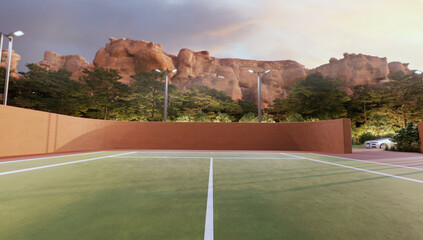 3-D render tennis court with a mountain landscape