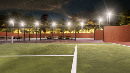 3-D render tennis court with a mountain landscape