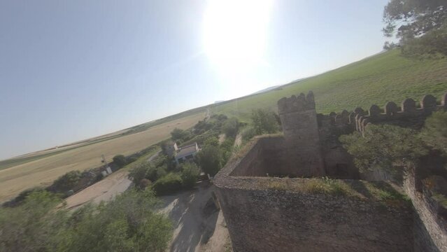 FPV aerial exploration of abandoned, restored Spanish castle ruins