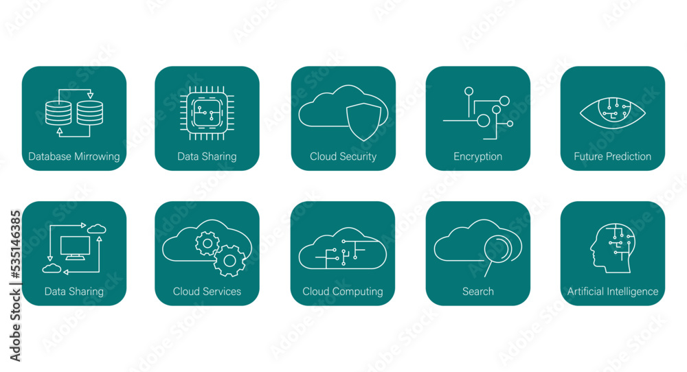 Sticker cloud computing icon set hardware, cloud security, encryption, future prediction, data sharing, clou