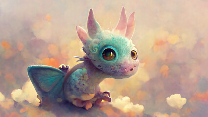 Image of a very cute baby dragon with soft blue color and adorable round eyes.