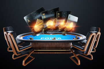 Banner concept of casino, poker table. Poker game, online game, card games. Modern design, Magazine style, 3D render, 3D illustration. - obrazy, fototapety, plakaty
