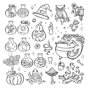 HALLOWEEN WITCHCRAFT Monochrome Hand Drawn Objects Sketch Alchemic Astrologic And Occult Symbol Collection Magical Accessories Cartoon Vector Illustration Set