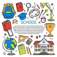 ONLINE SCHOOL Education Concept Web Banner Various School Supplies For Learning Of Students On The Internet Vector Illustration Doodle Hand Drawn With Your Text