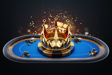 Poker tournament, poker online, big crown on the poker table. Poker game, online casino, Texas hold'em, application, card games. Modern design, magazine style. 3D rendering, 3D illustration