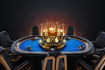 Poker tournament, poker online, big crown on the poker table. Poker game, online casino, Texas hold'em, application, card games. Modern design, magazine style. 3D rendering, 3D illustration