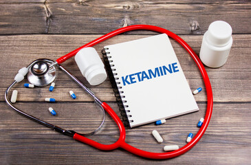 The inscription KETAMINE on the notepad next to the pills. Ketamine is on the table.