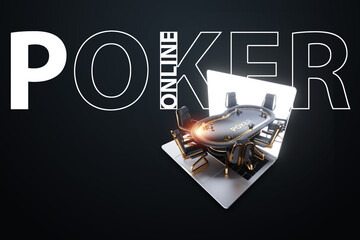 Poker online, poker table in laptop screen, poker room. Poker game, online casino, Texas hold'em, application, card games. Modern design, magazine style. 3D render, 3D illustration