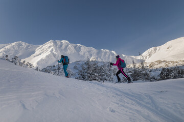 Fototapeta na wymiar Low angle view of ski touring couple hiking up in mountains.