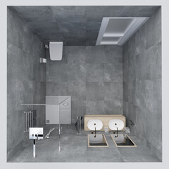 Top view of 3d gray colored modern design bathroom interior render scene.