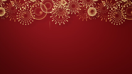 Chinese New Year background with golden fireworks on red background. Flat style design. Concept for holiday banner, Chinese New Year Celebration background decoration. 