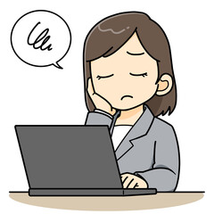 パソコンの前で悩むビジネスウーマン