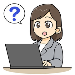パソコンの前で疑問が浮かぶビジネスウーマン