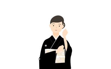黒留袖のシニア女性（和服姿）、髪を直すポーズ