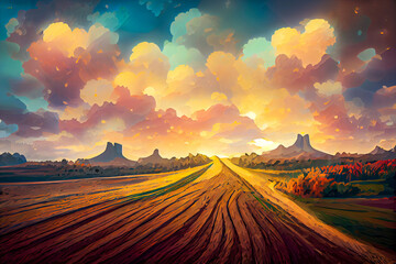 Illustration of autumn orange mountain landscape and endless road ahead