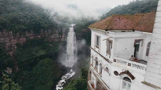 Tequendama Museum And Salto Del Tequendama Near Bogota, Colombia. Aerial Sideways Shot