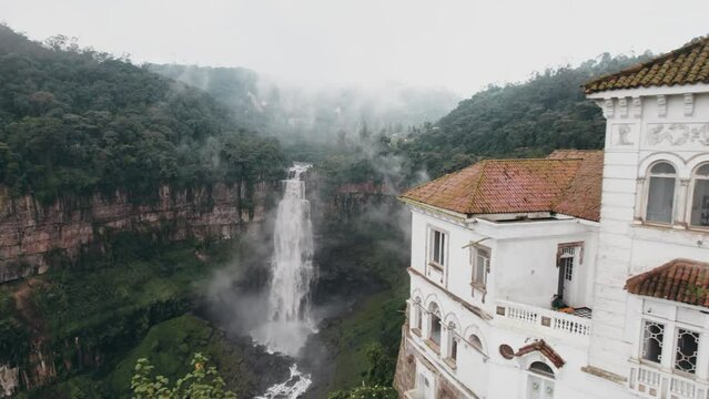 Tequendama Mansion With The Largest Wastewater Waterfall In Southwest Bogota, Colombia. Aerial Reveal