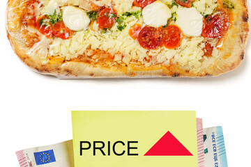 European money and yellow sticker with sign price and red triangle up in focus, Fresh pizza in the...